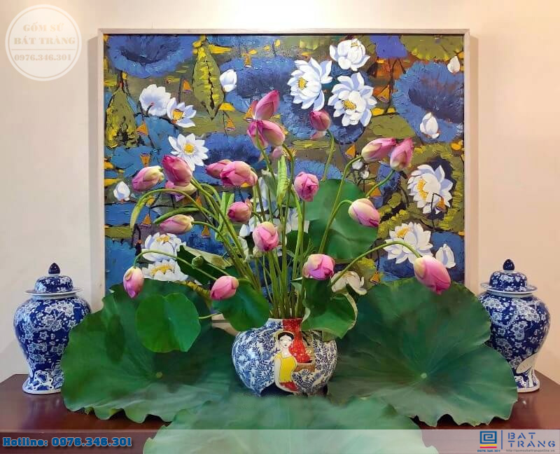Lọ hoa men bóng Bát Tràng Cô Gái Bên Lồng Chim 28cm sang trọng