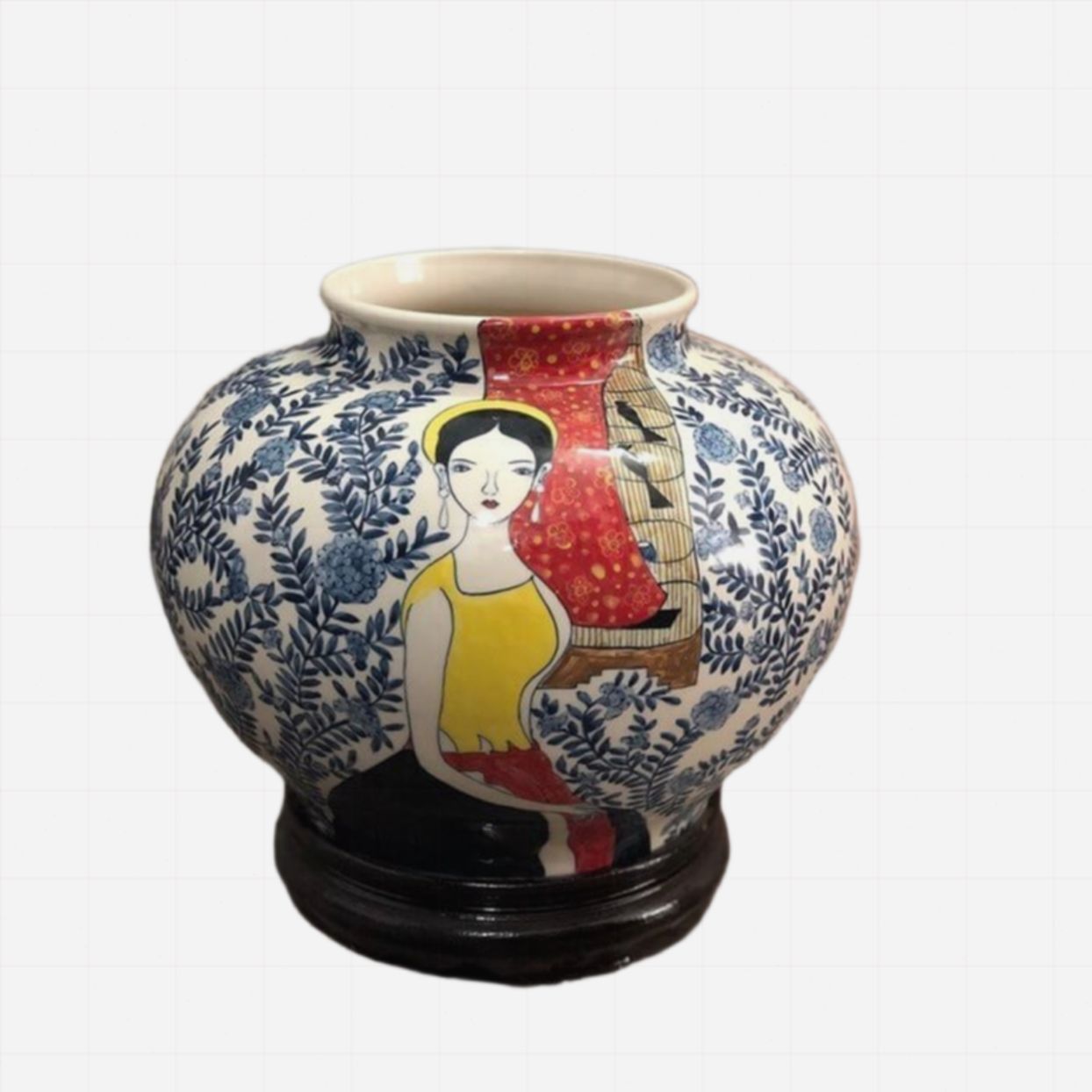 Lọ hoa men bóng Bát Tràng Cô Gái Bên Lồng Chim 28cm sang trọng 