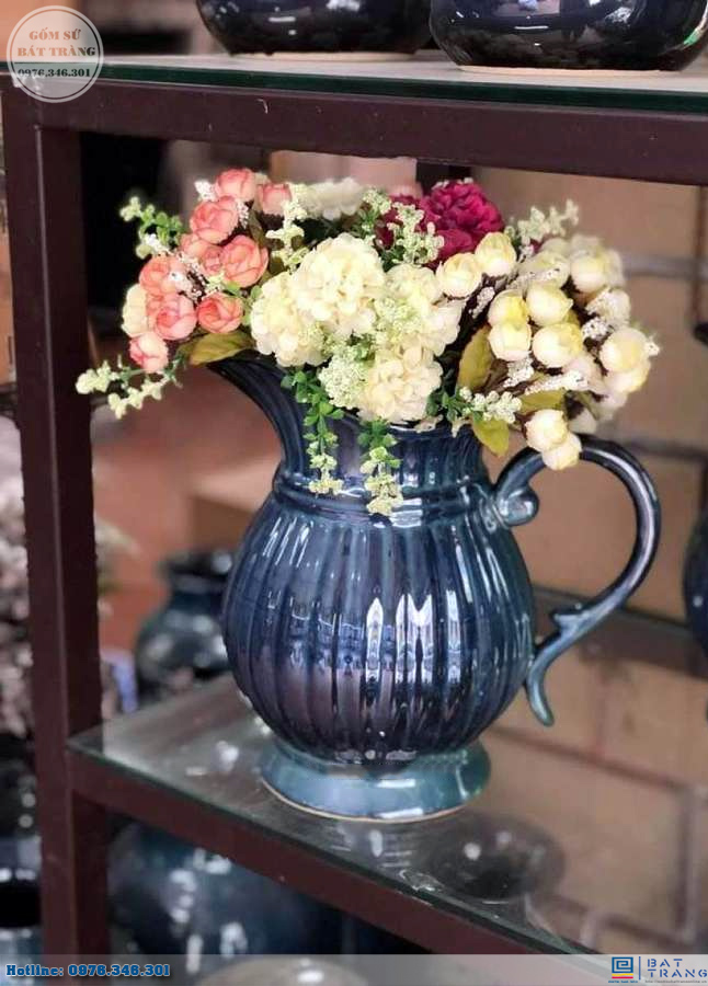 Lọ hoa Bát Tràng men hỏa biến xanh tím dáng bình sữa 25cm cao cấp