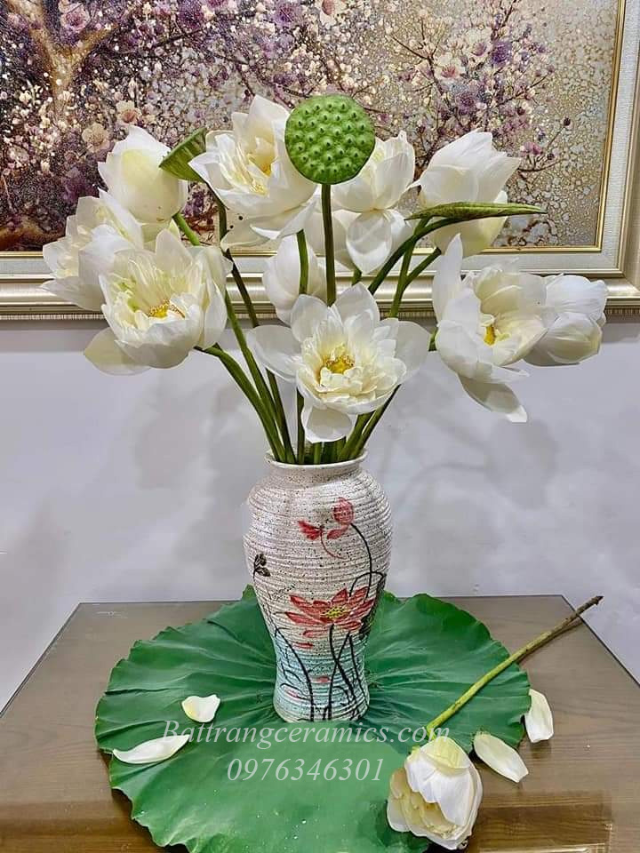 Lọ hoa gốm Bát Tràng men mộc đùi dế hoa sen sang trọng H36cm