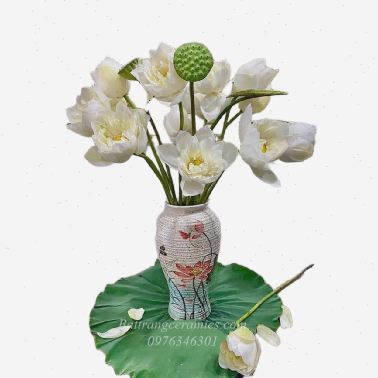 Lọ hoa gốm Bát Tràng men mộc đùi dế hoa sen sang trọng H36cm 