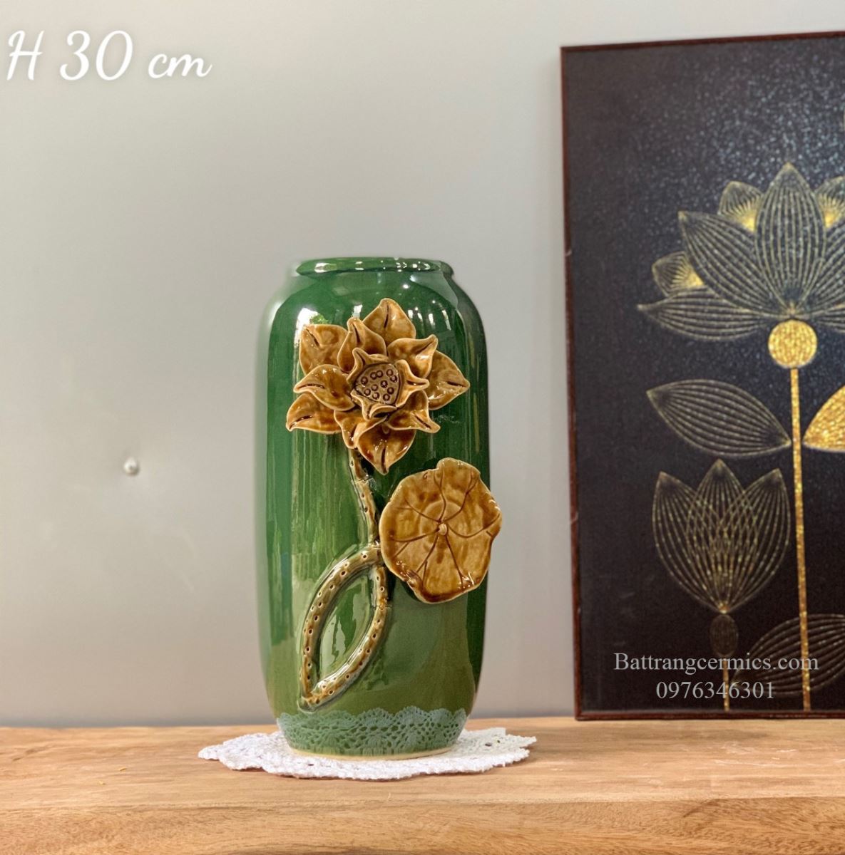 Lọ hoa ống đắp nổi hoa sen Bát Tràng cao cấp sang trọng H30cm