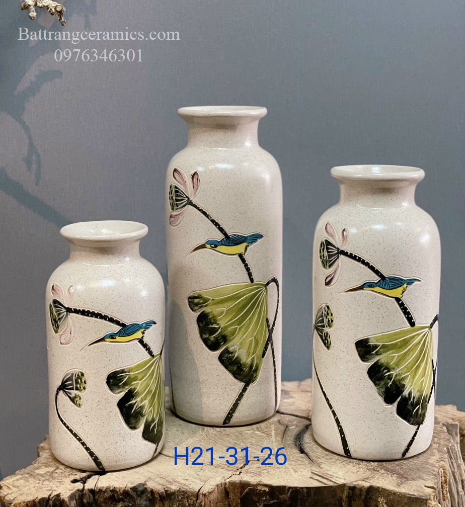 Set 3 chai gốm miệng tròn chim sen sang trọng quà tặng độc đáo 