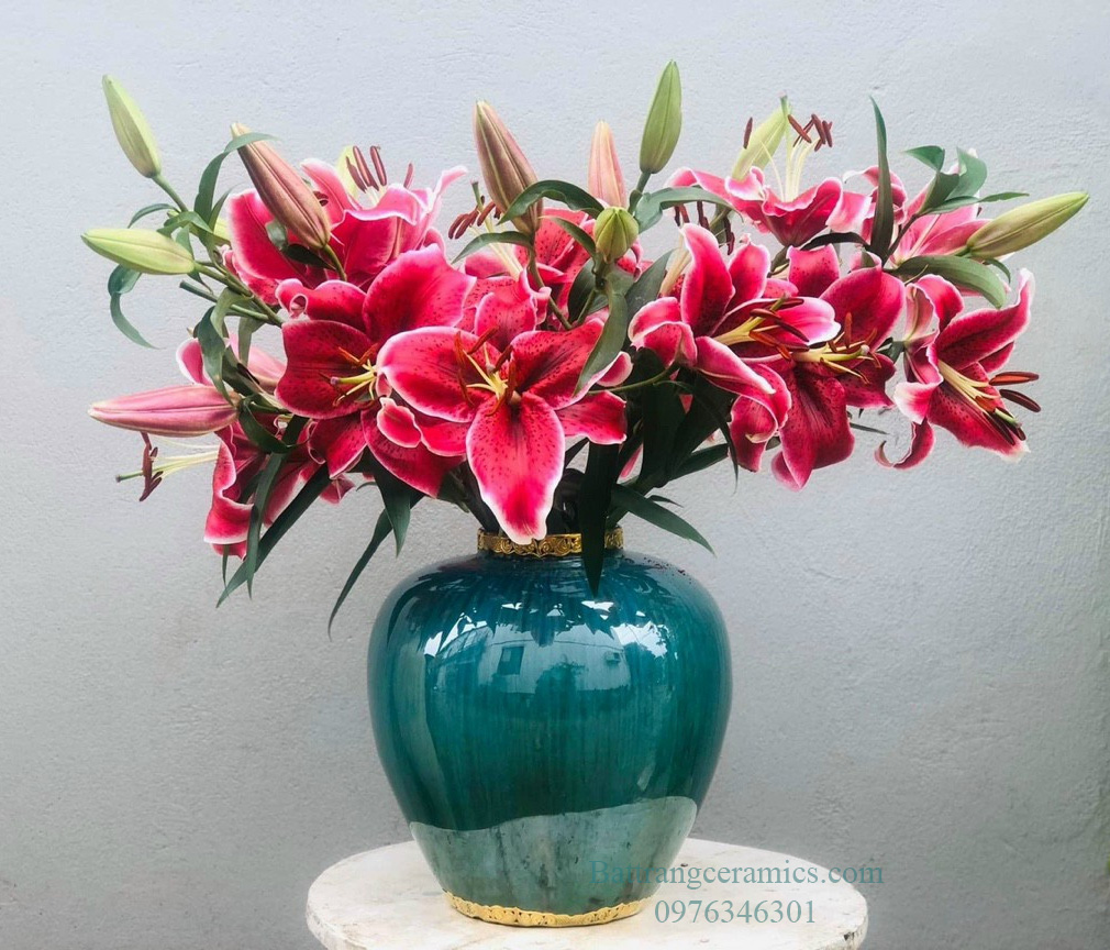 Lọ hoa dáng chum men hỏa biến bọc đồng sang trọng H40cm