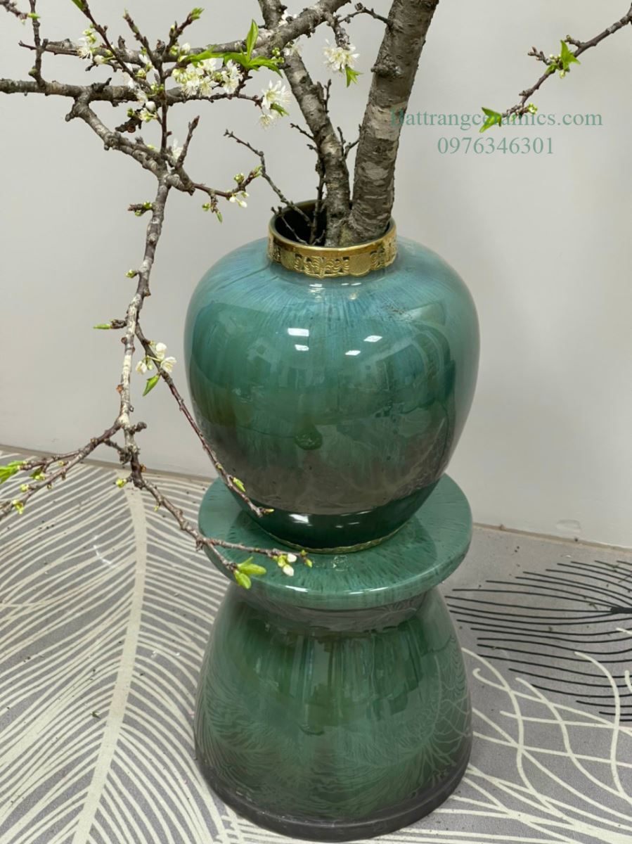 Lọ hoa dáng chum men hỏa biến bọc đồng sang trọng H40cm
