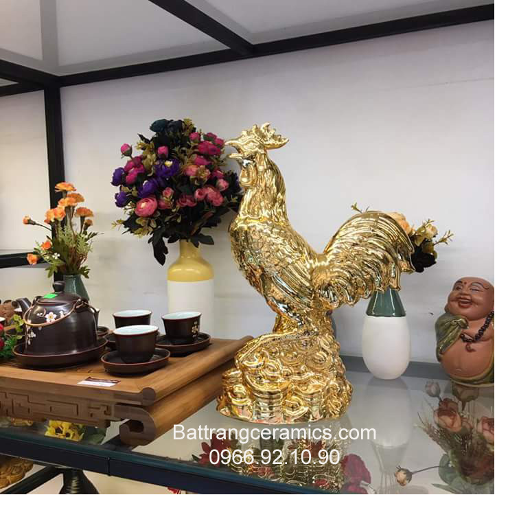 Gà mạ vàng 24k gốm Bát Tràng phong thủy sang trọng 