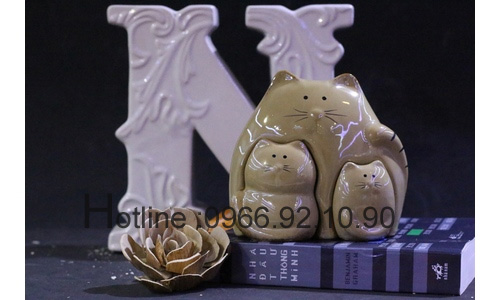 Mèo 3 lồng nhau Tượng sứ bền đẹp Quà tặng độc đáo hiện đại