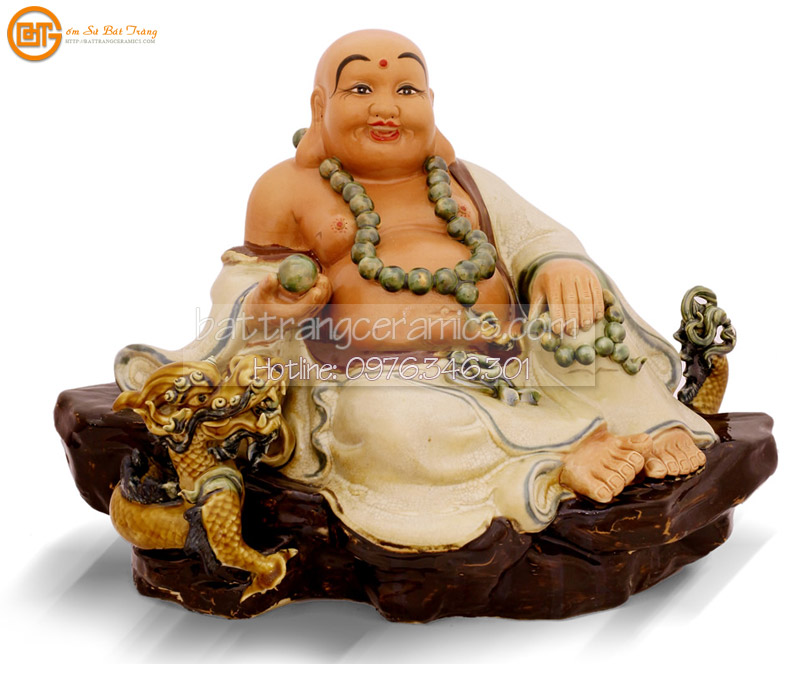 Di Lặc Ngự Rồng Men Rạn Cổ Cao 33cm Tượng Gốm Sứ Bát Tràng