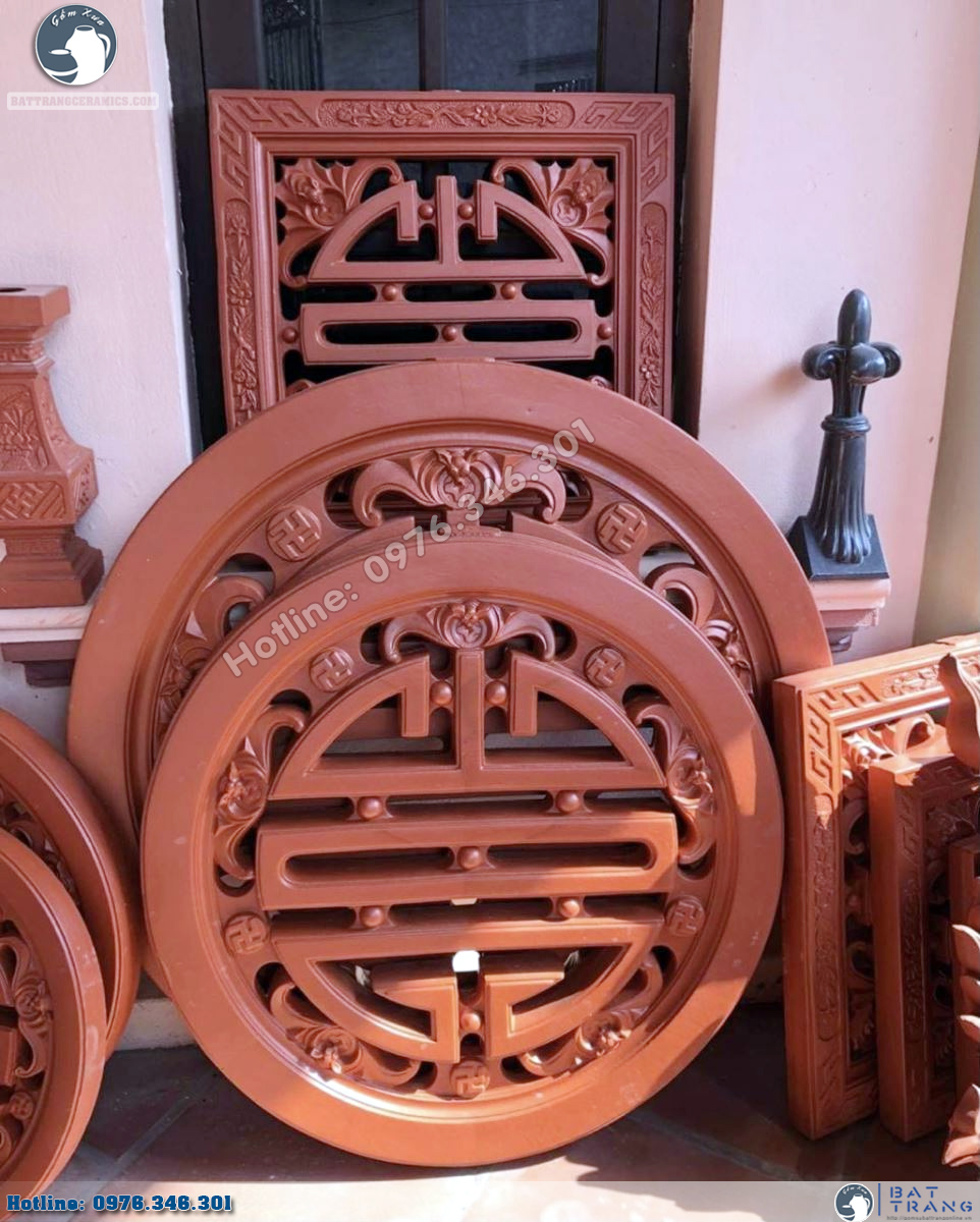 Gạch Tròn Chữ Thọ Đỏ Gốm D80 Trang Trí Lan Can Quà Tặng