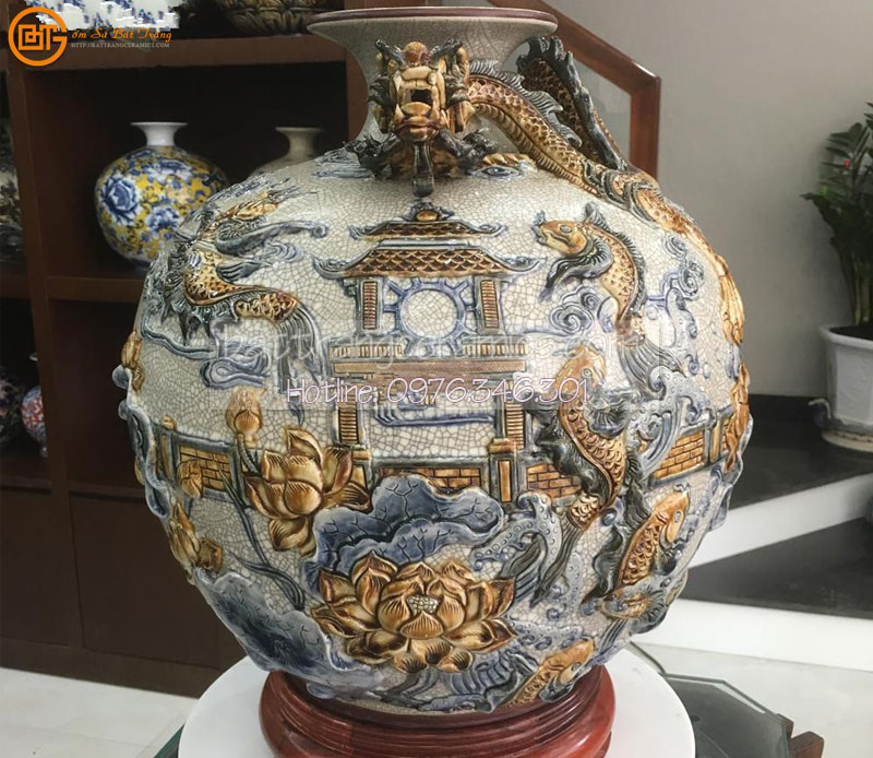 Bình hút tài lộc Cá Chép Vượt Vũ Môn men rạn cổ 40cm quà tặng sang trọng 