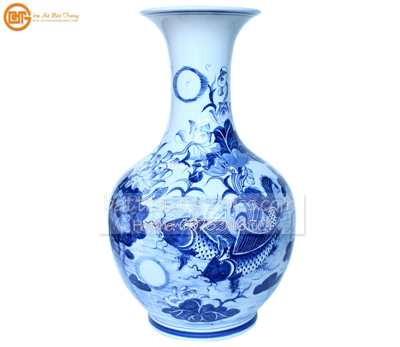 Lọ tỏi Bát Tràng vẽ sen cá 64cm – Gốm sứ cao cấp sang trọng 