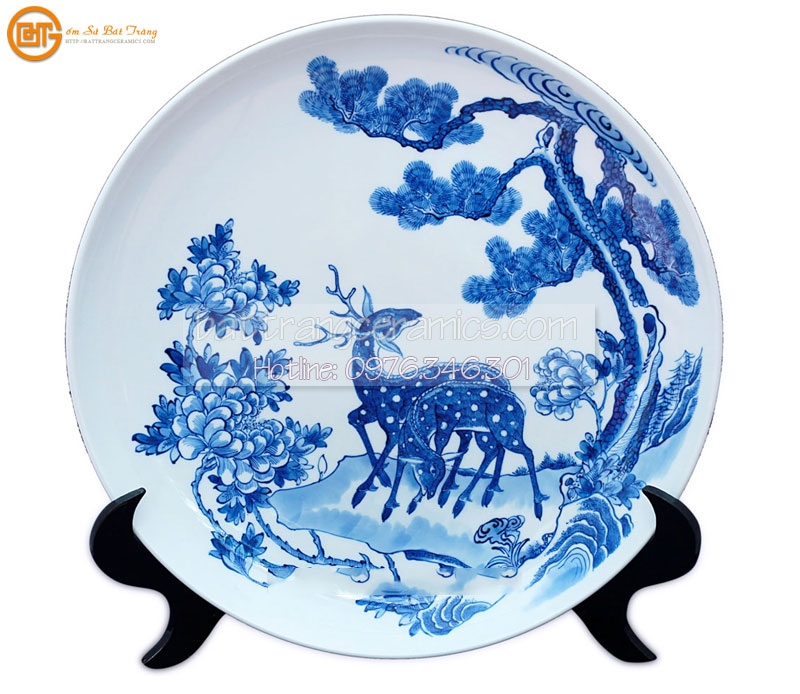 Đĩa cảnh Song Hươu 38cm gốm sứ Bát Tràng thủ công sang trọng