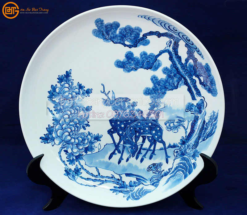 Đĩa cảnh Song Hươu 38cm gốm sứ Bát Tràng thủ công sang trọng 