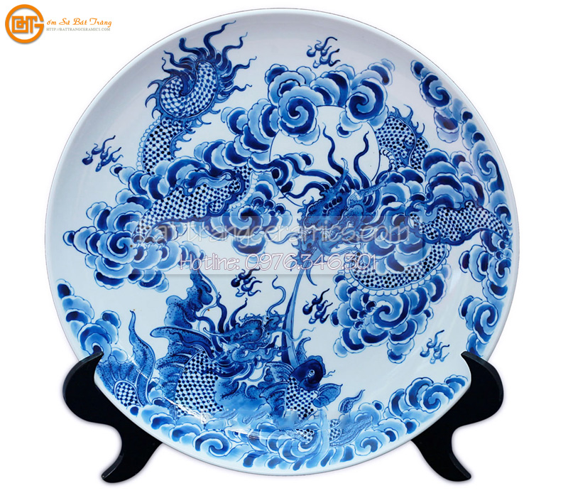 Đĩa cảnh vẽ Nhị Long thủ công 38cm gốm sứ Bát Tràng