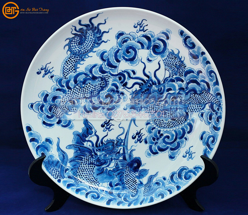 Đĩa cảnh vẽ Nhị Long thủ công 38cm gốm sứ Bát Tràng
