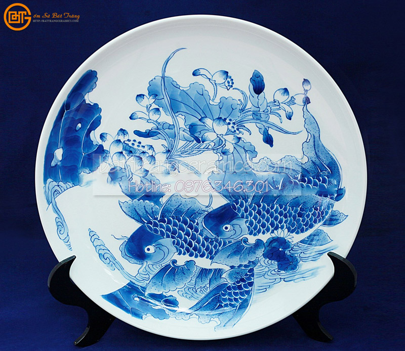 Đĩa cảnh Cá chép Hồ sen 38cm Gốm sứ Bát Tràng độc đáo 