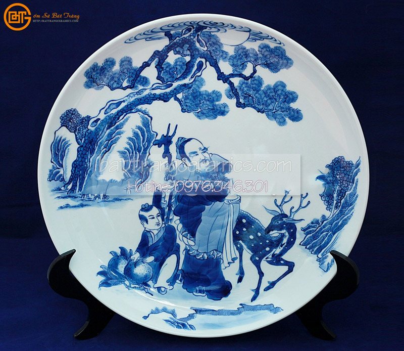 Đĩa cảnh Ông Thọ Hươu sao 38cm gốm sứ Bát Tràng đẹp phong thủy 