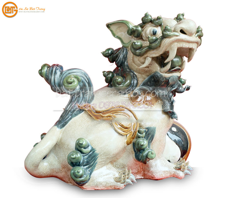 Đôi Nghê ôm tú cầu 50cm đắp nổi gốm sứ Bát Tràng cao cấp trang trí