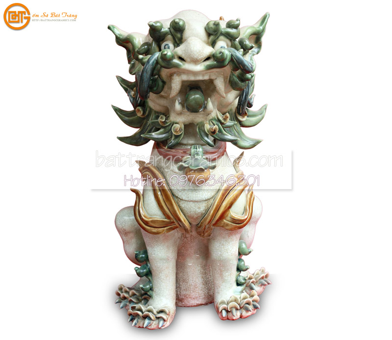 Đôi Nghê ôm tú cầu 50cm đắp nổi gốm sứ Bát Tràng cao cấp trang trí