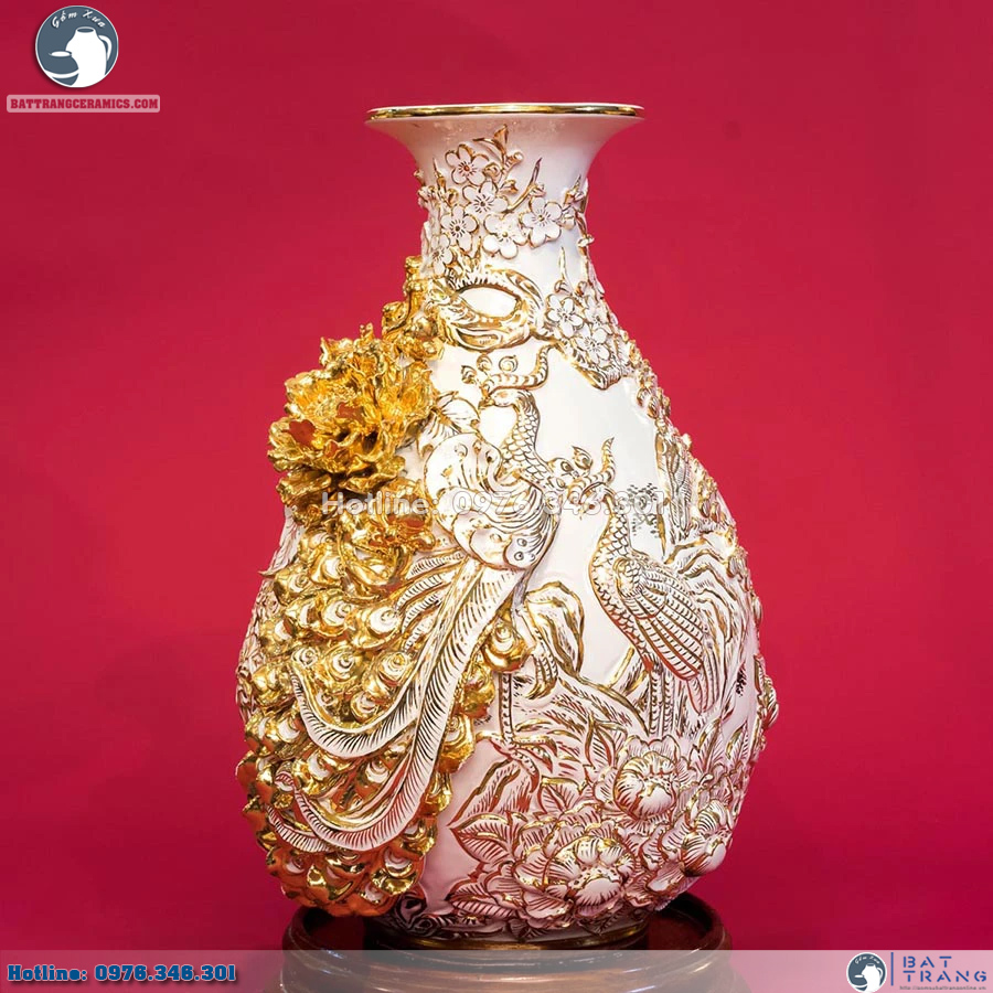 Lọ Tỳ Bà Phú Quý Trường Xuân đắp nổi vẽ vàng Gốm Sứ Cao Cấp