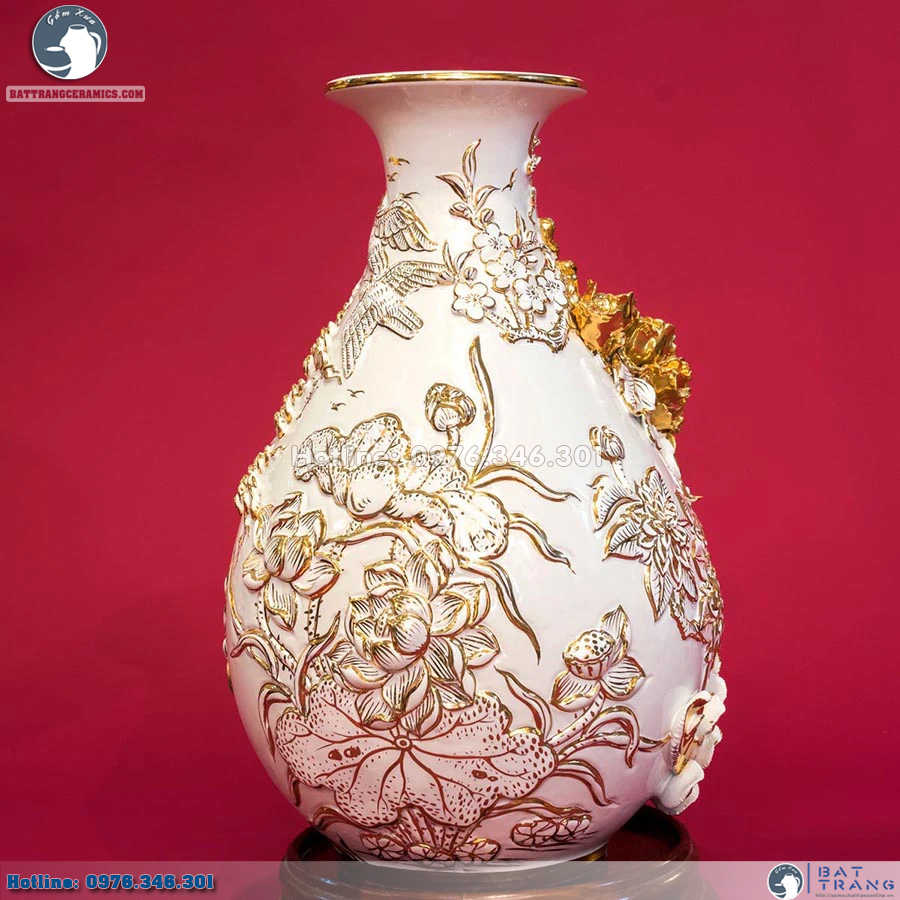 Lọ Tỳ Bà Phú Quý Trường Xuân đắp nổi vẽ vàng Gốm Sứ Cao Cấp