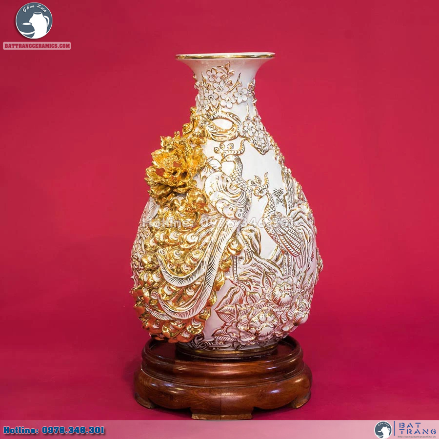 Lọ Tỳ Bà Phú Quý Trường Xuân đắp nổi vẽ vàng Gốm Sứ Cao Cấp 