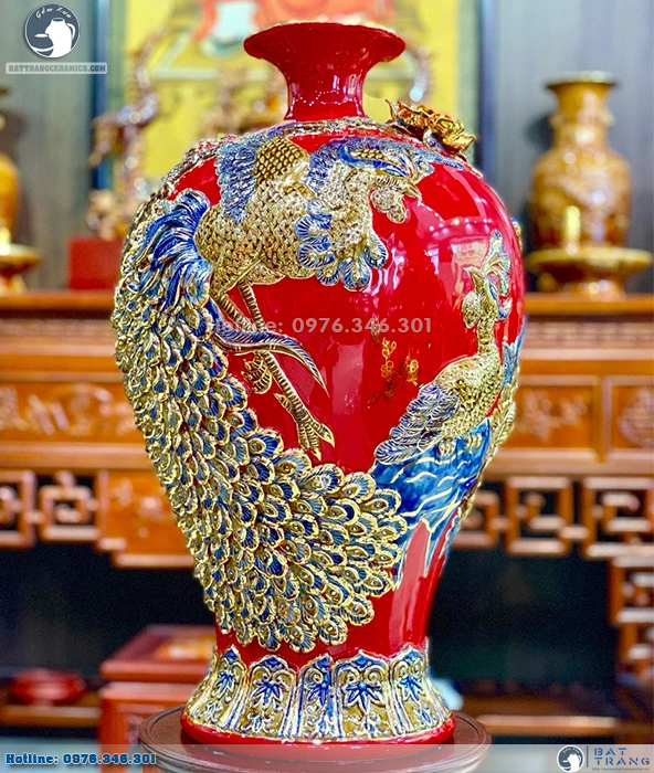 Mai bình công đào men Granet gốm Trần Độ vẽ vàng sang trọng tặng quà phong thủy 