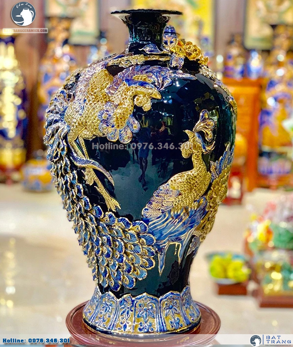Mai bình công đào men Coban Trần Độ gốm Bát Tràng sang trọng độc đáo