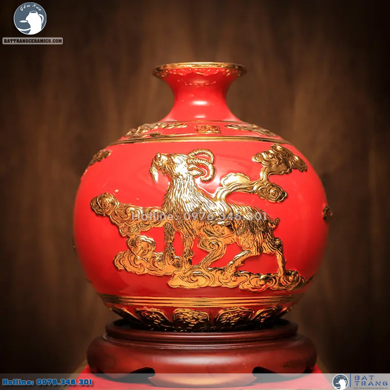 Lộc linh tam hợp Hợi Mão Mùi đỏ 38cm gốm sứ Bát Tràng phong thủy tài lộc