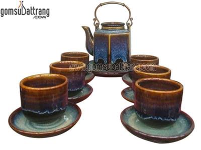 Bộ tích lục giác quai đồng men hỏa biến độc đáo cao cấp, quà tặng 