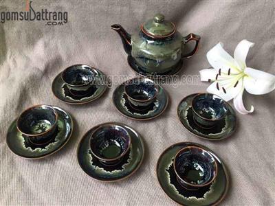 Bộ ấm chén quai vuông men hỏa biến sành điệu giá tốt 