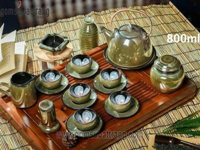 Bộ ấm chén men vàng gương Bát Tràng 800ml tặng hoa phong thủy 