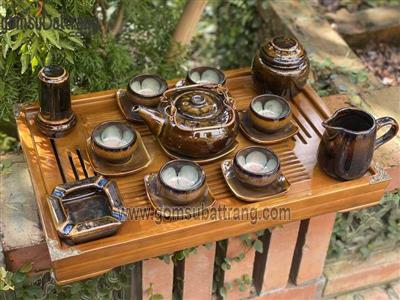 Bộ ấm chén dáng bầu men hỏa biến cao cấp quà tặng sang trọng 