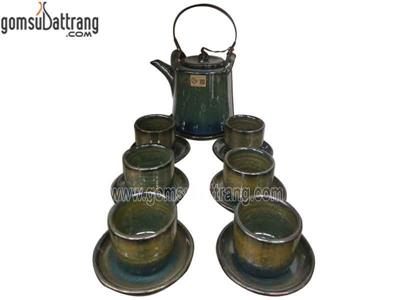 Bộ ấm chén men hỏa biến quai đồng độc đáo, quà tặng nghệ nhân 