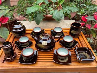 Bộ ấm chén men hoả biến Bát Tràng cao cấp tặng khay gỗ 