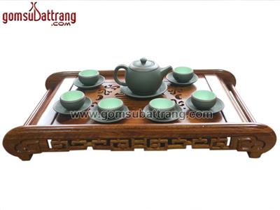 Bộ ấm chén tử sa Bát Tràng men xanh chỉ đỏ cao cấp 