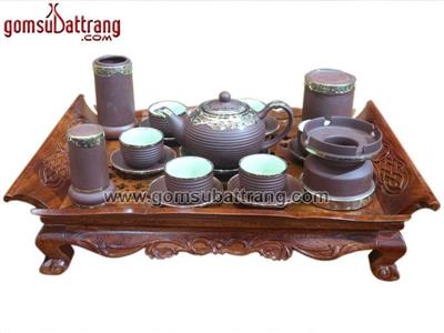 Bộ ấm trà tử sa Bát Tràng chỉ đỏ bọc đồng đầy đủ phụ kiện cao cấp 