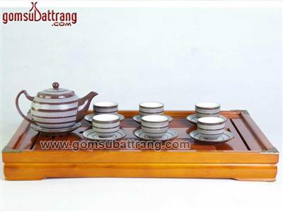Ấm chén gốm sứ Bát Tràng viền trắng nâu sang trọng quà tặng 