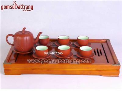 Ấm chén Bát Tràng đỏ gốm dáng bí sang trọng tặng quà độc đáo 