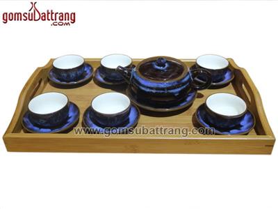 Ấm chén tử sa men xanh Bát Tràng cao cấp Kèm khay tiện lợi 