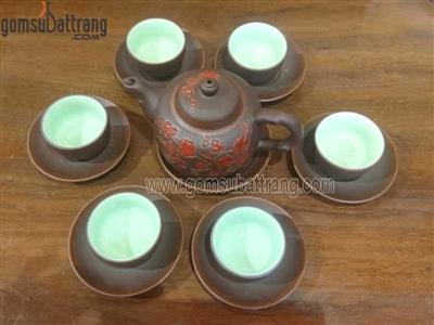 Ấm chén tử sa hoa đào nổi nghệ nhân cao cấp, quà tặng sang trọng 