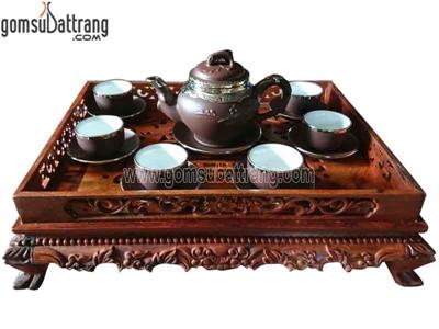Bộ ấm chén tử sa báo xuân bọc đồng trắng sang trọng, quà tặng cao cấp 