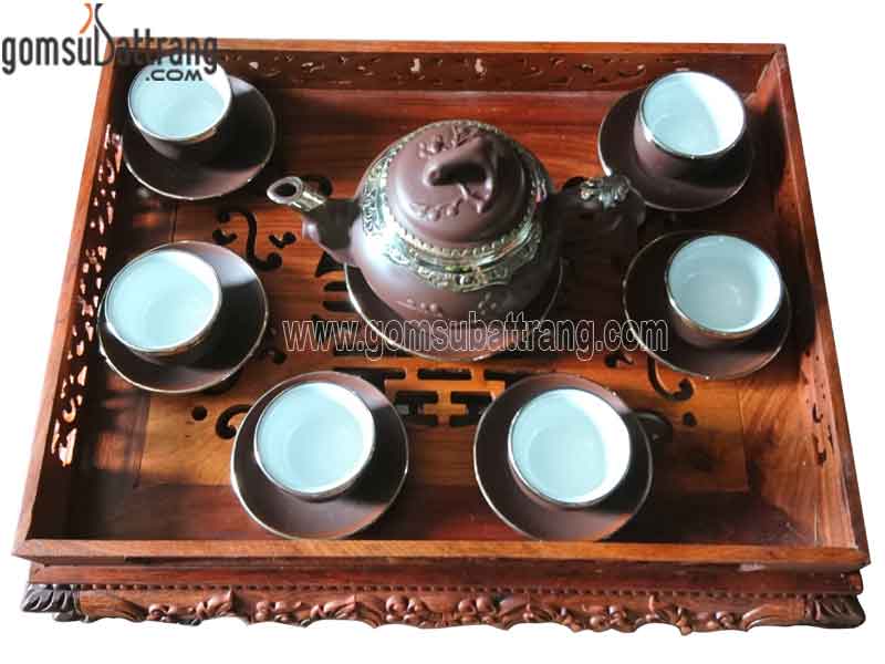 Bộ ấm chén tử sa báo xuân bọc đồng trắng sang trọng, quà tặng cao cấp