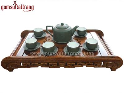 Bộ ấm chén men xanh chỉ đỏ Bát Tràng Phúc Lộc Thọ sang trọng 