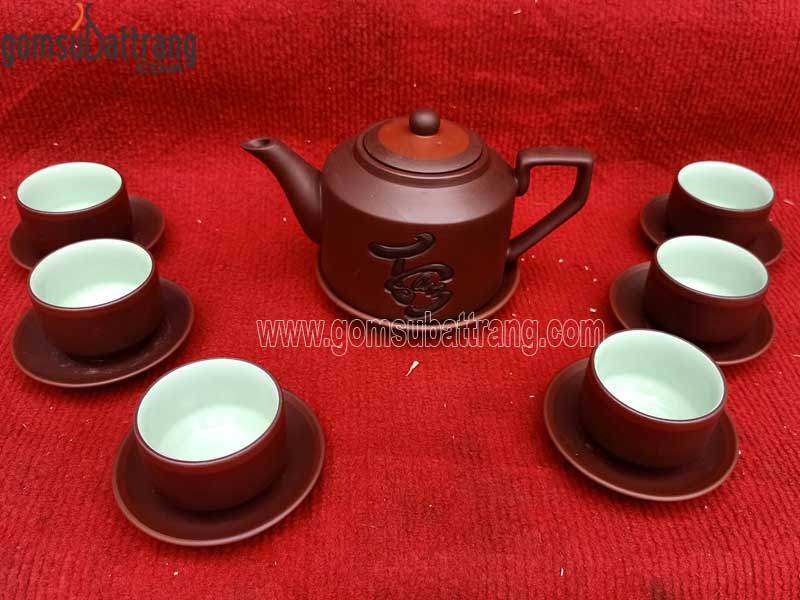 Bộ ấm chén tử sa đỏ vai vuông khắc chữ tâm cao cấp giá tốt