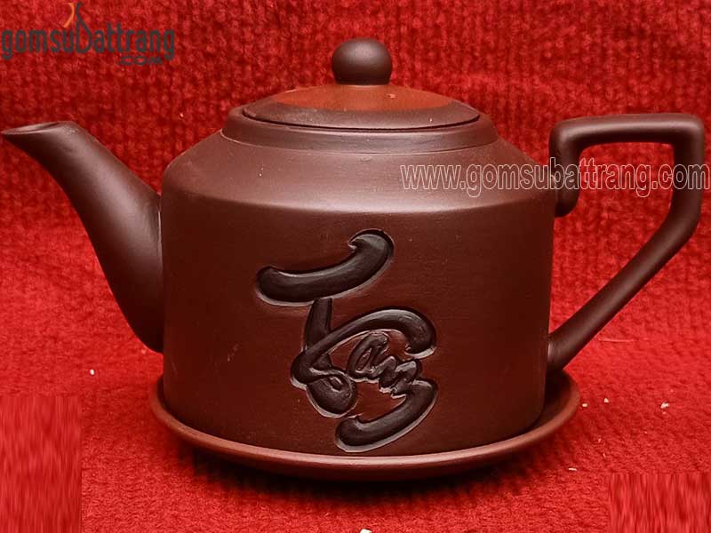 Bộ ấm chén tử sa đỏ vai vuông khắc chữ tâm cao cấp giá tốt
