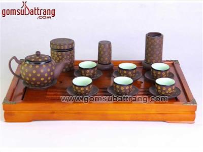 Ấm trà ngàn hoa gốm nâu đẹp sang trọng tặng kèm phụ kiện 