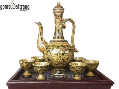 Ấm rót rượu hoa sen men vàng hoàng thố quà tặng in logo giá rẻ 