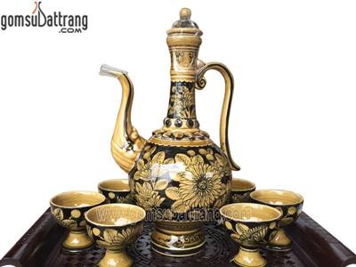 Ấm rót rượu Bát Tràng hoa hướng dương men vàng quà tặng độc đáo 