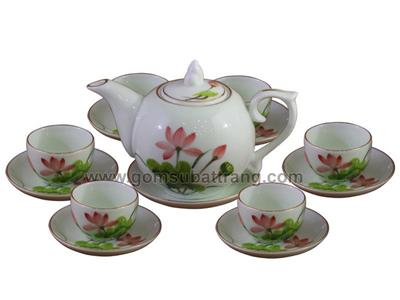 Bộ ấm trà Bát Tràng cao cấp vẽ sen xanh ngọc sang trọng tiện dụng 